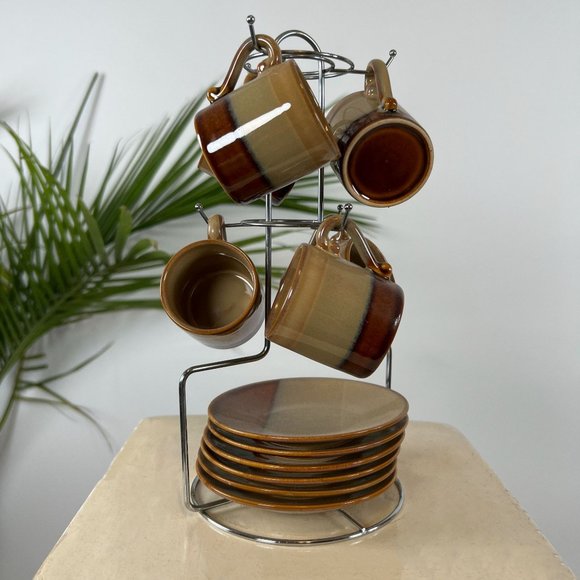 Vintage 90s Cottage Cabin Core Brown 6 Piece Ceramic Expresso & Saucer Set - Picture 4 of 4